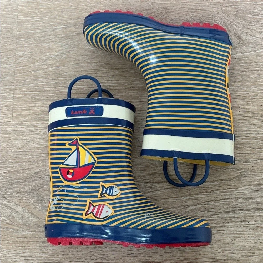 Kamik Kids Rain Boots Size 2 Blue Yellow Nautical Sailboat  NWOT